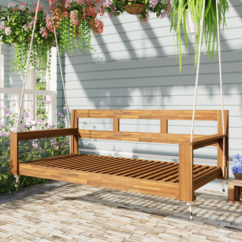 Natural Acacia Wood Twin-Size Patio Swing Daybed with 4 Ropes