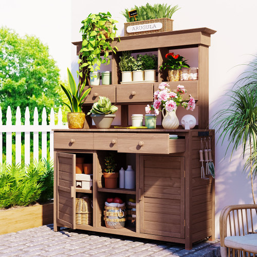 65.7-Inch Rustic Brown Wood Garden Potting Bench with Hutch