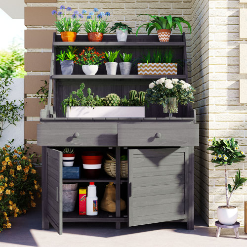 TOPMAX 65-Inch Gray Fir Wood Rustic Garden Potting Bench with Storage