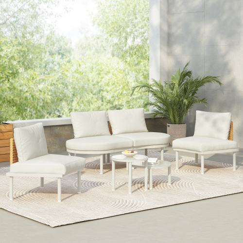 6-Piece Beige Half-Moon Wicker Patio Sectional Set with Tables