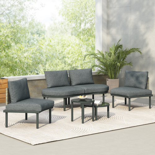 Gray 6-Piece Half-Moon PE Rattan Patio Sectional Set with Tables