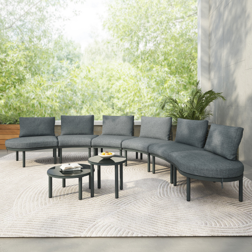 8-Piece Gray PE Rattan Half-Moon Patio Sectional Set with Tables