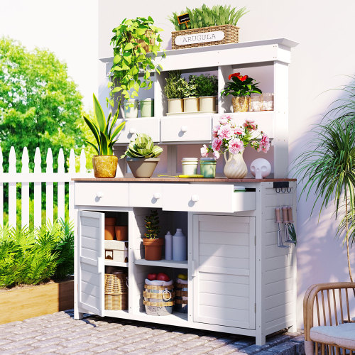 65.7-Inch White Wood Garden Potting Bench with Hutch and Storage