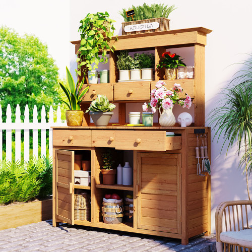 65.7-Inch-Tall Rustic Natural Wood Garden Potting Bench with Hutch