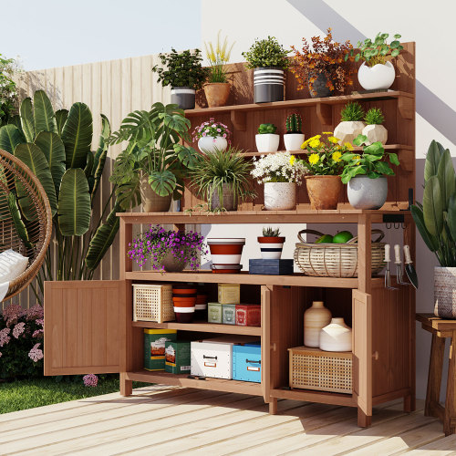 Natural 50.2-Inch Solid Fir Wood Potting Bench with Hutch
