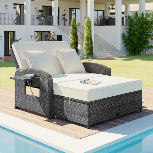 White PE Rattan 2-Person Adjustable Outdoor Chaise Lounge Daybed