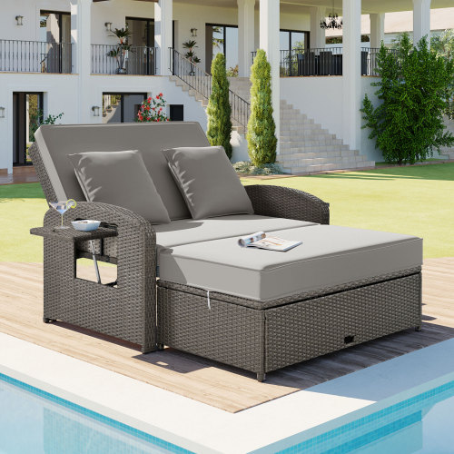 Gray PE Rattan 2-Person Adjustable Double Chaise Lounge with Cushions