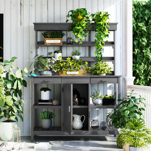66-Inch Gray Solid Wood Farmhouse Potting Bench with Storage