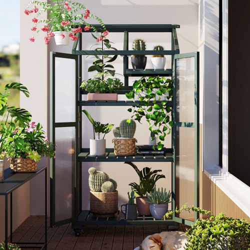 62-Inch Green Solid Wood Portable Greenhouse with Wheels and Shelves