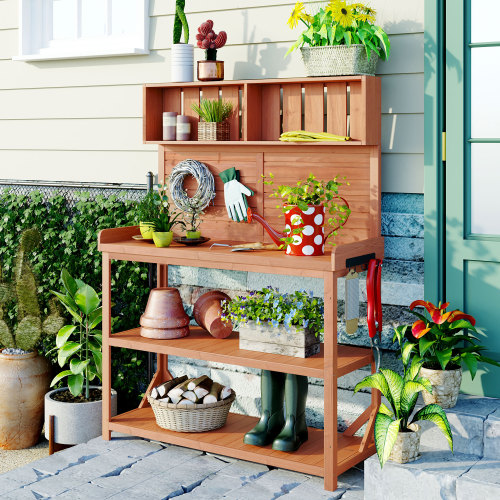 65-Inch Natural Solid Wood Farmhouse Potting Bench with Storage