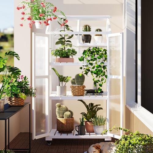 62-Inch White Solid Wood Greenhouse with Wheels and Adjustable Shelves