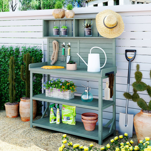 65-Inch Green Solid Wood Farmhouse Potting Bench with 4 Shelves