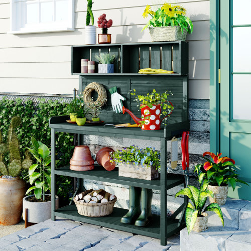 65-Inch Forest Green Solid Wood Farmhouse Outdoor Potting Bench