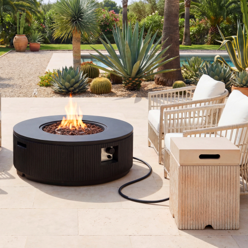 2-Piece 38.19-Inch Black and Brown Magnesium Oxide Propane Fire Pit Set
