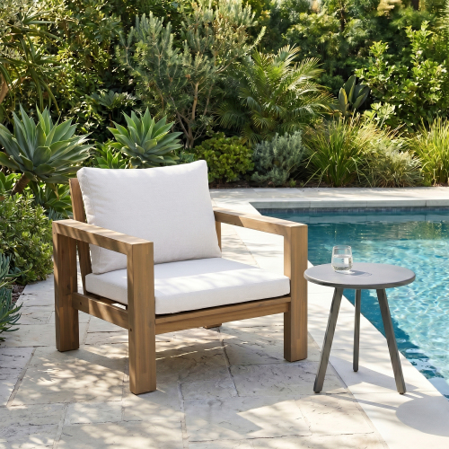 Beige Cushion Acacia Wood Patio Armchair in Light Teak Finish