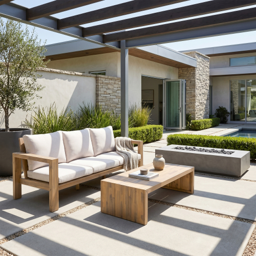 3-Seat Light Teak Acacia Patio Set with Beige Cushions & Table