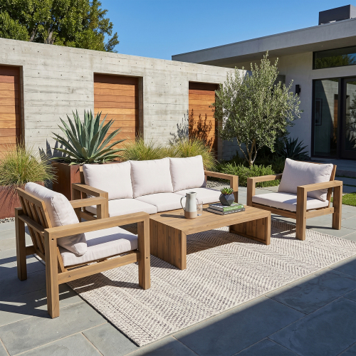 4-Piece Acacia Wood Patio Sofa Set for 5 in Light Teak and Beige