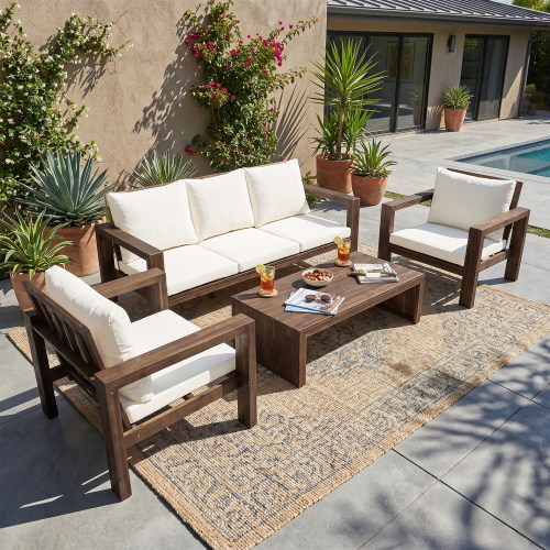 4-Piece Acacia Wood Patio Sofa Set for 5 with Beige Cushions