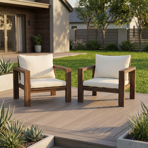 Set of 2 Mocha Acacia Wood Outdoor Armchairs with Beige Cushions