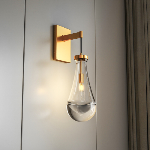Gold Iron Modern Raindrop Glass Wall Sconce, Dimmable LED E12 Bulb