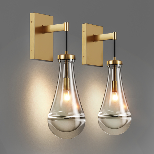 Set of 2 Gold Iron Wall Sconces with Modern Raindrop Glass Design