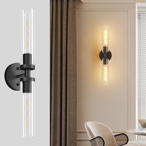 21.7-Inch Matte Black Iron Wall Sconces with Clear Glass, Set of 2