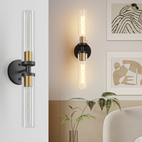 Modern Black and Gold Iron Wall Sconce Set with Glass, 21.7-Inch
