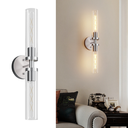 Set of 2 Brushed Nickel Iron Wall Sconces with Clear Glass, Hardwired