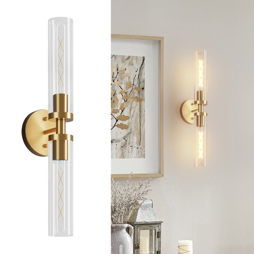 Set of 2 Gold Iron Wall Sconces with Clear Glass, Hardwired Lighting