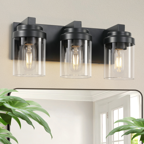 3-Light Matte Black Iron Bathroom Vanity Light with Clear Glass Shade