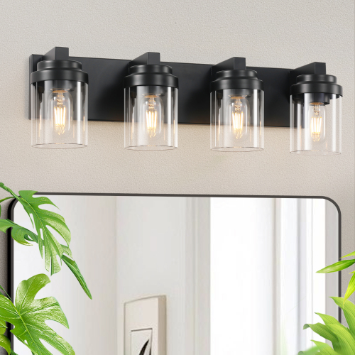 4-Light Matte Black Iron Vanity Fixture with Clear Glass Shade