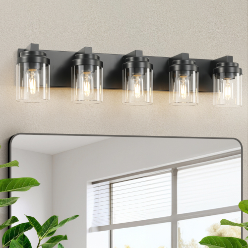 31-Inch Black Iron 5-Light Bathroom Vanity Light with Glass Shades