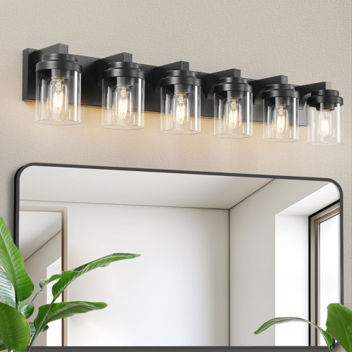 6-Light Black Iron Vanity Light with Clear Glass Shades for Bathroom