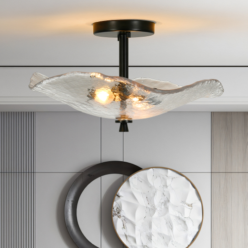 16.5-Inch Black Iron Flush Mount Light with Ripple Glass Shade