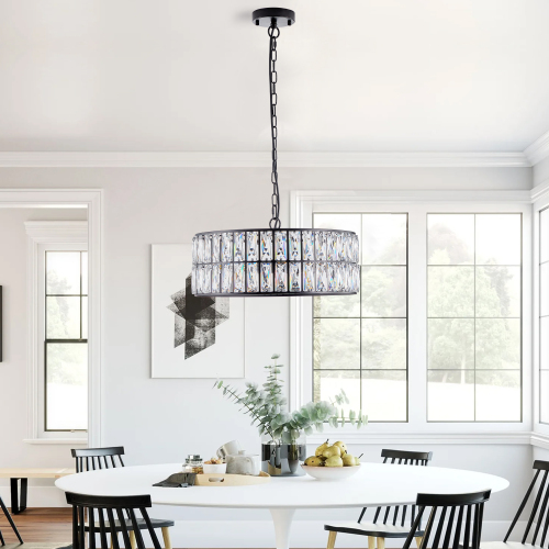 18-Inch Black Iron Crystal Drum Pendant Chandelier, 6-Light