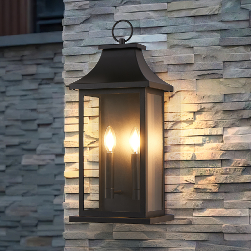 22-Inch Black Iron 2-Light Outdoor Wall Lantern with Glass Fixture