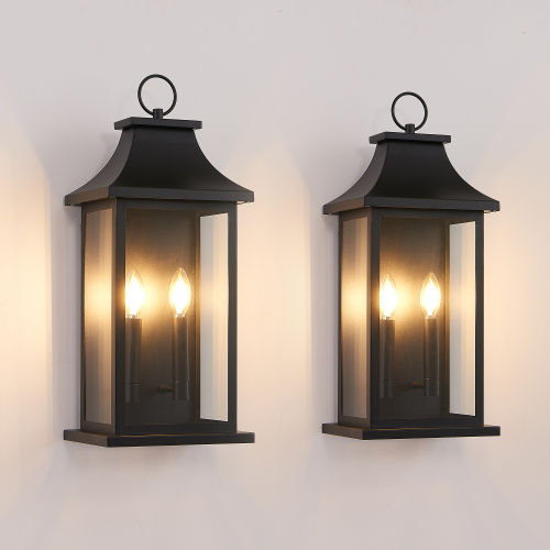 2-Pack 22-Inch Black Iron Outdoor Wall Sconce Lanterns for Porch & Garage