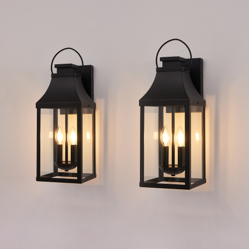 20-Inch Black Iron 2-Light Outdoor Wall Sconce Lantern, 2-Pack