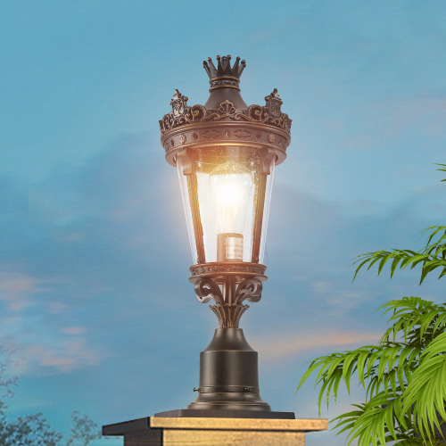 22-Inch Vintage Crown Aluminum Outdoor Post Lantern, Coffee & Golden