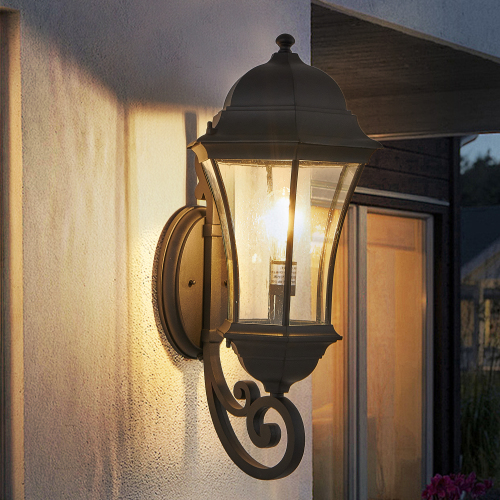 Black 19.5-Inch Outdoor Aluminum and Glass Wall Lantern with Dusk Sensor