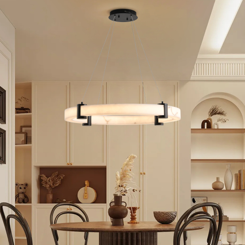 Modern 24-Inch Black Iron LED Pendant Light with Marble-Look Ring