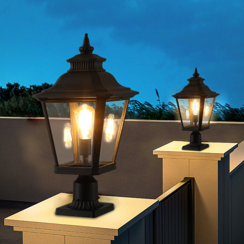 Set of 2 21-Inch Black Aluminum and Clear Glass Outdoor Post Lanterns