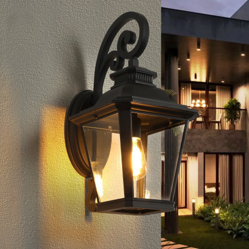 14-Inch Black Aluminum Outdoor Wall Lanterns with Glass, Set of 2