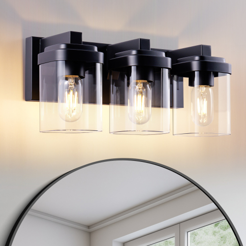 3-Light Matte Black Iron Vanity Light with Clear Glass Shade