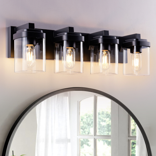 4-Light Matte Black Iron Vanity Light with Clear Glass Shades