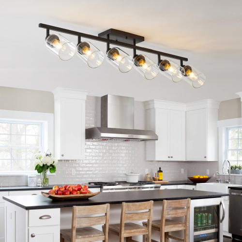 Black 6-Light Iron Track Lighting with Rotatable Clear Glass Shades