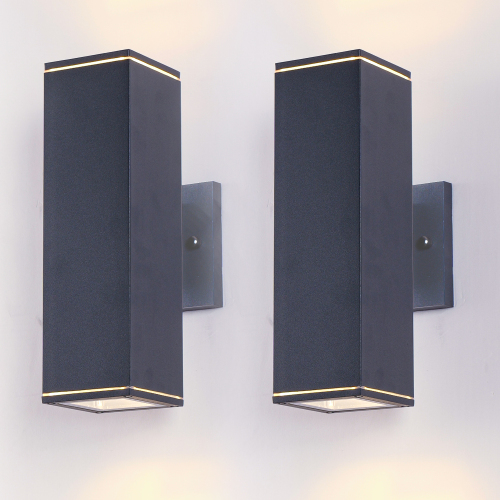 12-Inch Black Aluminum Outdoor Wall Lights, 2-Pack Square Up/Down