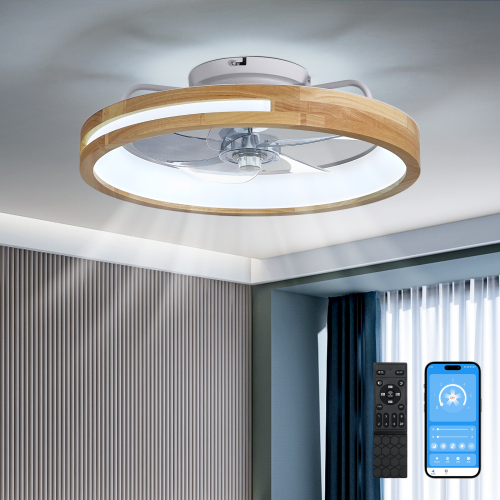20-Inch Wood and Iron Low-Profile Ceiling Fan with Light and Remote