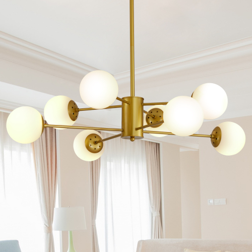 35.4-Inch Gold 8-Light Iron Chandelier with White Globe Shades