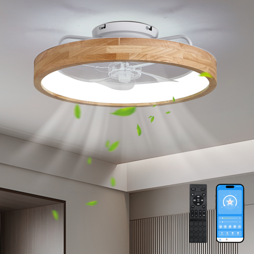 20-Inch Wood and Iron Flush Mount Ceiling Fan with Remote LED Light
